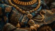 Close-up of a golden necklace and bracelets artfully draped over a dark velvet surface, highlighting their intricate craftsmanship