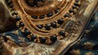 Close-up of a golden necklace and bracelets artfully draped over a dark velvet surface, highlighting their intricate craftsmanship