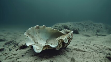 Wall Mural - Close-up of disintegrating clam shell on sandy ocean floor, eroded by acidic waters