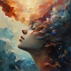 Wall Mural - Surreal Portrait of Woman with Cosmic Clouds

