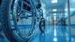 Close up of a wheelchair in a hospital hallway on blurred background