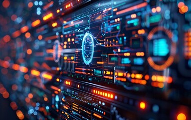 Poster - A complex digital system exhibits a cybersecurity specialist's analysis of cyber threats, incorporating live tracking of firewalls, intrusion detection systems, and malware risks, Constructed Using