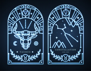 Wall Mural - Set of neon modern magic witchcraft cards with astrology Taurus zodiac sign characteristic. Vector illustration