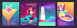 Set of fluorescent summer posters with summer attributes. Cocktail silhouette, pina colada, mermaid, lighthouse and sea. Vector illustration