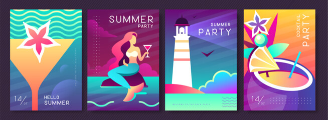 Wall Mural - Set of fluorescent summer posters with summer attributes. Cocktail silhouette, pina colada, mermaid, lighthouse and sea. Vector illustration