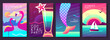 Set of fluorescent summer posters with summer attributes. Cocktail silhouette, flamingo, mermaid tail and ship in the sea. Vector illustration