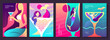 Set of fluorescent summer posters with summer attributes. Cocktail cosmopolitan silhouette, mermaid and sea. Vector illustration