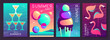 Set of fluorescent summer posters with summer attributes. Cocktail cosmopolitan silhouette, flamingo, ice cream and soap bubbles. Vector illustration