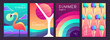 Set of fluorescent colorful summer posters with summer attributes. Cocktail cosmopolitan silhouette, flamingo, ice cream and rainbow. Vector illustration