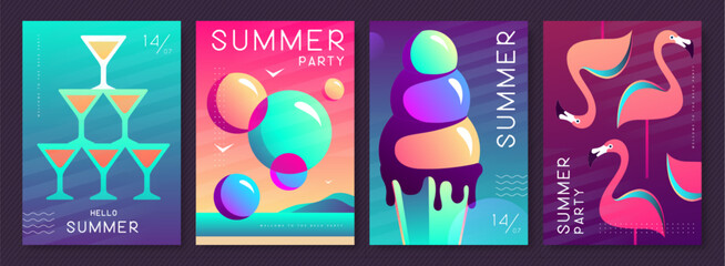 Wall Mural - Set of fluorescent summer posters with summer attributes. Cocktail cosmopolitan silhouette, flamingo, ice cream and soap bubbles. Vector illustration