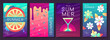 Set of fluorescent summer posters with summer attributes. Cocktail cosmopolitan silhouette, chamomile, ice cream, tropic leaves and orange. Vector illustration