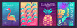 Set of fluorescent summer posters with summer attributes. Flamingo silhouette, dolphins, pineapple, tropic leaves background. Vector illustration