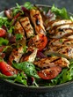A high-angle view of a simple green salad with grilled chicken and balsamic vinaigrette.
