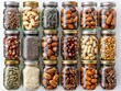 A creative composition of various nuts and seeds in small glass jars, arranged against a white background.