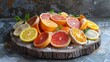 A creative composition of sliced citrus fruits arranged on a round wooden board.