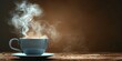 Blue cup of coffee on a wooden table with smoke rising from it against a brown background.