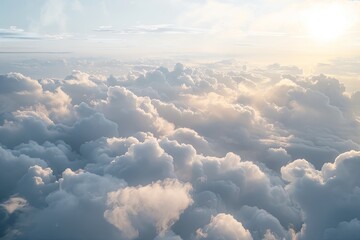 Wall Mural - High Sky Morning Serenity: A Spectacle of White Clouds, Sunlight, and Plane Views