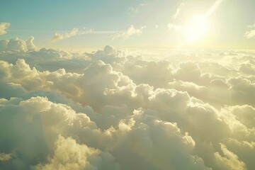 Wall Mural - High Sky Morning Bliss: Sunlit Clouds in Tranquil Sky Beneath Plane's View