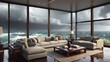 © Ehtasham - Interior architectural hi-res editorial living room with massive glass windows overlooking the ocean, hurricane outside, torrential rain, detailed, high resolution, photorrealistic
