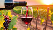 Pouring red wine in the vineyard at sunset