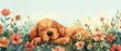 Watercolor hand drawn cute dog sleeping in a flower field, bright pastels, serene nature scene