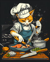 A Cartoonish Drawing Of A Chef Cat Cooking In A Kitchen