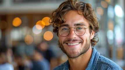 Poster - Portrait of cheerful young professional man in casual clothes and glasses smiling charmingly against blurred office background