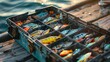 Close-up of a tackle box open on a dock, filled with an assortment of fishing lures and baits, ready for a day of fishing
