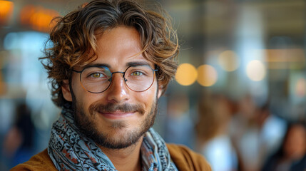 Poster - Portrait of cheerful young professional man in casual clothes and glasses smiling charmingly against blurred office background