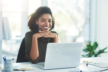 Poster - Business, portrait and happy woman with laptop in office for research, planning or case study at law firm. Legal, help and friendly lawyer with paperwork for idea, notes or compliance documents