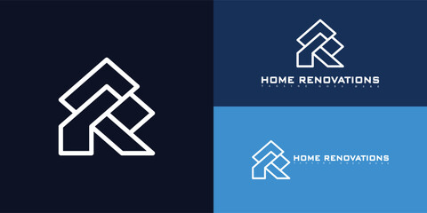 Wall Mural - Abstract initial building letter R or RR logo in white color isolated on multiple blue background colors. The logo is suitable for the home builders and remodeler business company icon logo design