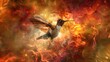 Fiery Flight: A Hummingbird's Dance Amidst Golden Flames.