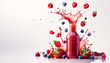 Berries drink in bottle with strawberry, blueberry and raspberry in splashing fresh juice isolated on white background.