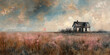 landscape of cottage in field in the countryside. Moody  painting. Banner
