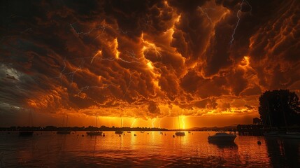 Wall Mural - Violent Thunderstorms Over Large Lake: Dramatic Atmosphere Emphasizing Global Warming Urgency