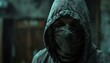 Craft a suspenseful scene in a CG 3D rendering style, portraying the robber with a unique hood and mask, creating a sense of depth against a dark background, emphasizing the tension of the moment,