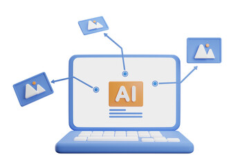 Blue laptop creates images from AI 3d render icon illustration.