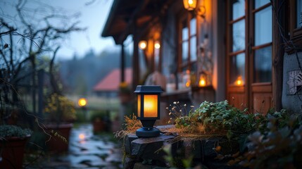 Wall Mural - Quaint Cottage with Solar Garden Light at Twilight - Rural Living and Sustainable Simplicity