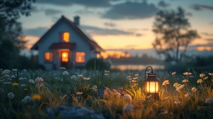 Wall Mural - Quaint Cottage with Solar Garden Light at Twilight - Rural Living and Sustainable Simplicity