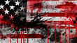 Stylized rendition of the American flag in a grunge art style with smudges and splashes of black and red on a white background.