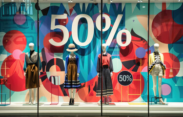 Wall Mural - A photo of an elegant and stylish window display featuring mannequins wearing fashionable , with the focal point being a large red circular sign reading 