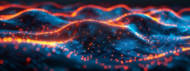 Poster - Abstract 3D AI Neural Network Wireframe Visualization with Glowing Connections - Digital Landscape Concept