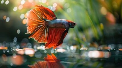 Poster - A Betta fish displaying its vibrant colors in a tranquil pond setting, its graceful movements reflecting the peace and harmony of nature.