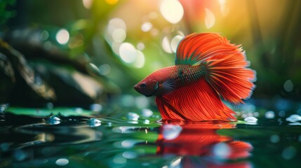 Poster - A Betta fish displaying its vibrant colors in a tranquil pond setting, its graceful movements reflecting the peace and harmony of nature.