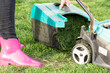 Woman mowing the lawn with a grass trimmer machine