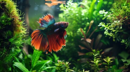 Poster - A Betta fish gracefully gliding through a tank filled with lush aquatic plants, its vivid colors contrasting beautifully with the greenery.