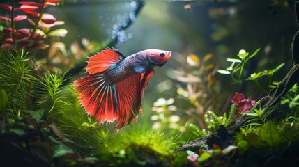 Poster - A Betta fish gracefully gliding through a tank filled with lush aquatic plants, its vivid colors contrasting beautifully with the greenery.