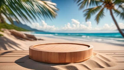 Wall Mural - Beachfront Exhibition: Tropical Product Display on Wooden Stand