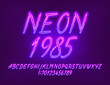 Neon 1985 alphabet font. Neon color letters and numbers. Stock vector typescript for your design.
