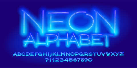 Poster - Neon alphabet font. Blue neon color letters and numbers. Stock vector typescript for your design.